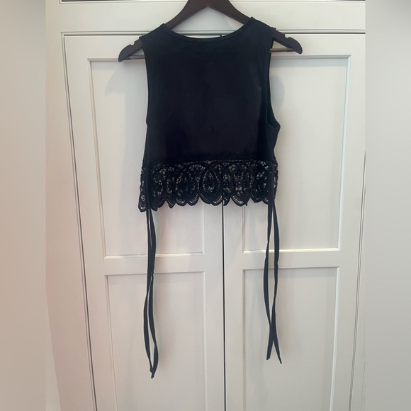 ZARA TRAFALUC Classy black suede crop top crochet lace hem ribbon side tie sz S - Picture 5 of 8